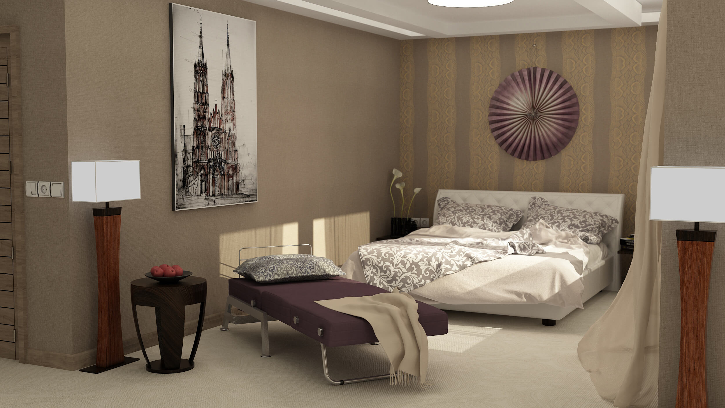 اتاق خوابی که دارای تخت خواب یک نفره و دو نفره میباشد و دیوار ها پوشیده شده است از کاغذ دیواری و تابلو نقاشی نیز به دیوار متصل شده است