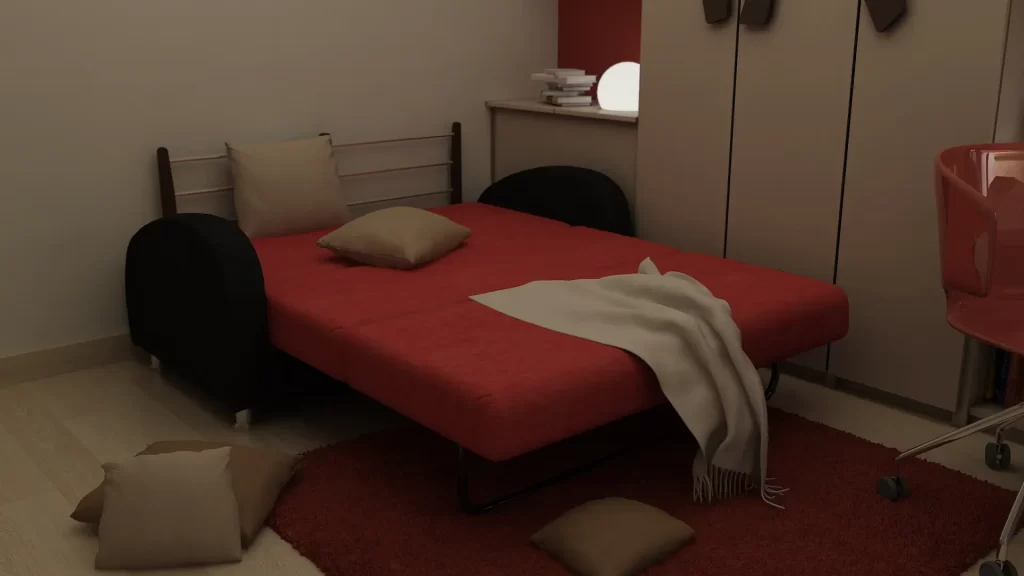 یک مبل تختخوابشو که در اتاق خواب باز است و روی آن کوسن و شال مبل قرار دارد