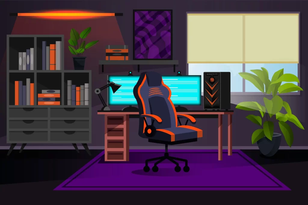 تصویری که از داخل بازی تصویر سازی شده است و اتاقی را نشان میدهد که گیمینگ است و صندلی و میز و کامپیوتر و کمد نیز در ان اتاق قرار دارد
