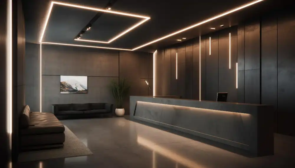 پذیرایی که به سبک مدرن طراحی شده است و نور های مخفی در سقف قرار دارند و تلویزیون نیز در انتها اتاق قرار دارد