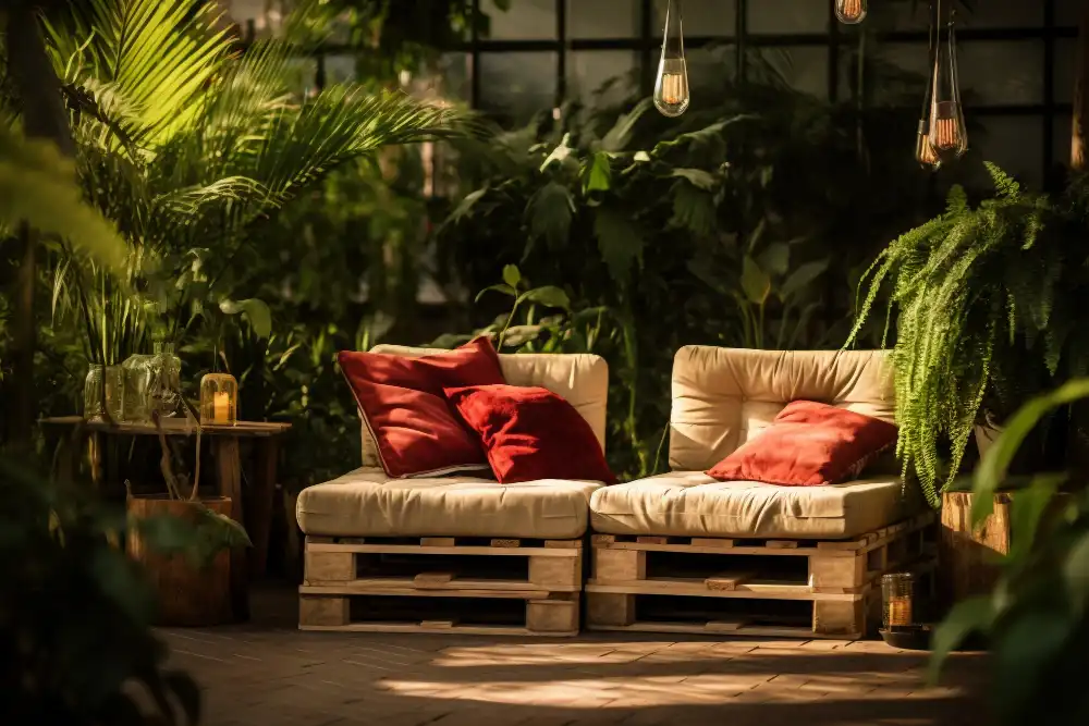 مبل های چوبی با تشک کرمی و بالشتک های قرمز در اتاقی قرار دارند که پر از درختان و گیاهان میباشد و نور خورشید از بیرون به مبل ها تابیده است