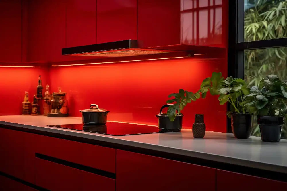 آشپزخانه ای که دکور آن قرمز میباشد و در زیر کابینت های متصل به دیوار نور نیز گذاشته است و بر روی کابینت قابلمه و گاز و سماور و گل قرار دارد