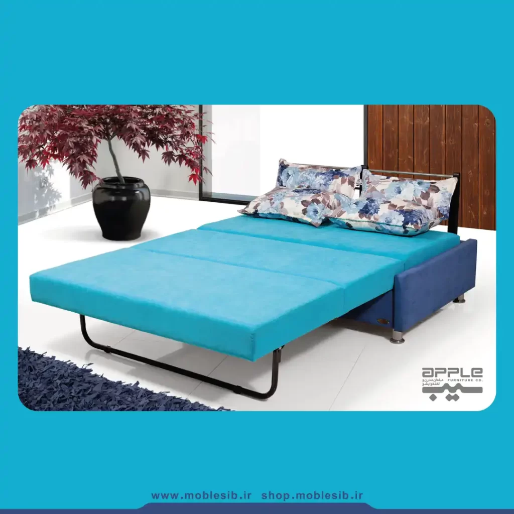 مبل تختخوابشو مدل لیبرا آبی رنگ که بصورت باز شده میباشد و به تخت تبدیل شده است