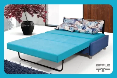 مبل تختخوابشو مدل لیبرا آبی رنگ که بصورت باز شده میباشد و به تخت تبدیل شده است